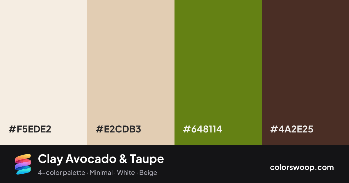Clay Avocado & Taupe color palette card: Linen #F5EDE2, Oat #E2CDB3, Avocado #648114, Taupe #4A2E25
