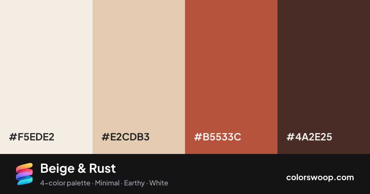 Beige & Rust color palette card: Linen #F5EDE2, Oat #E2CDB3, Paprika #B5533C, Taupe #4A2E25