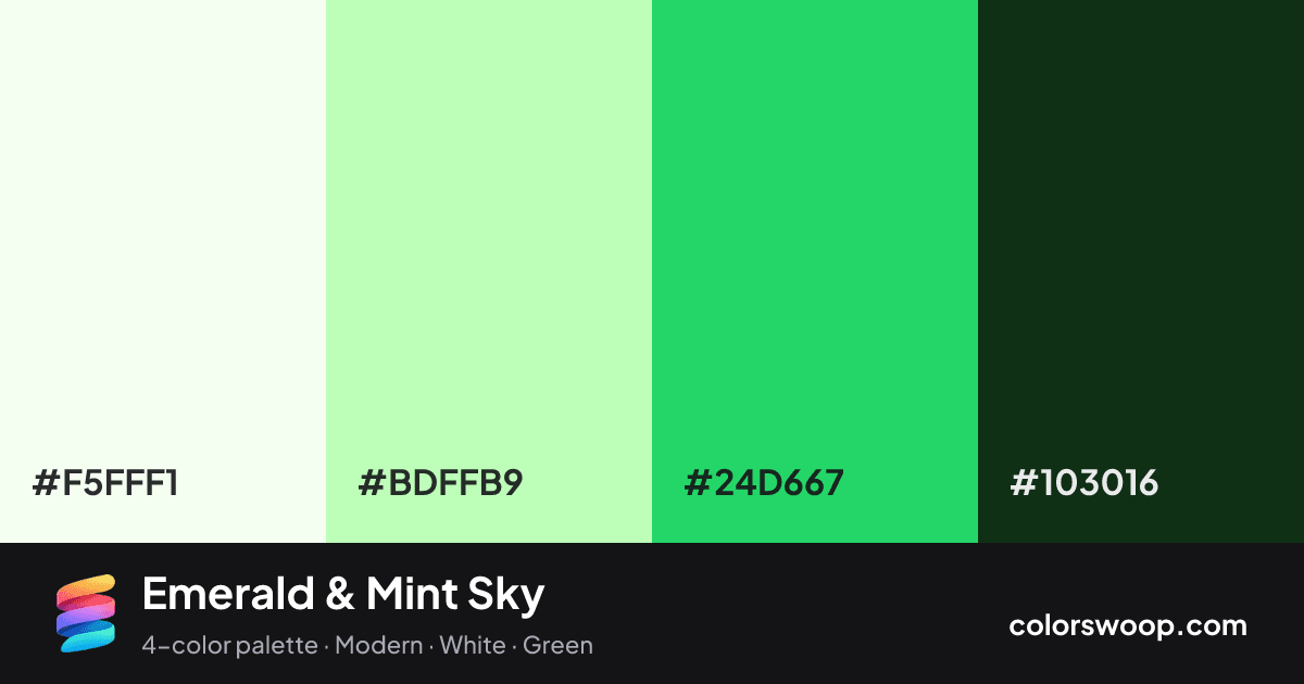 Emerald & Mint Sky color palette card: Ivory #F5FFF1, Mint #BDFFB9, Emerald #24D667, Raisin #103016