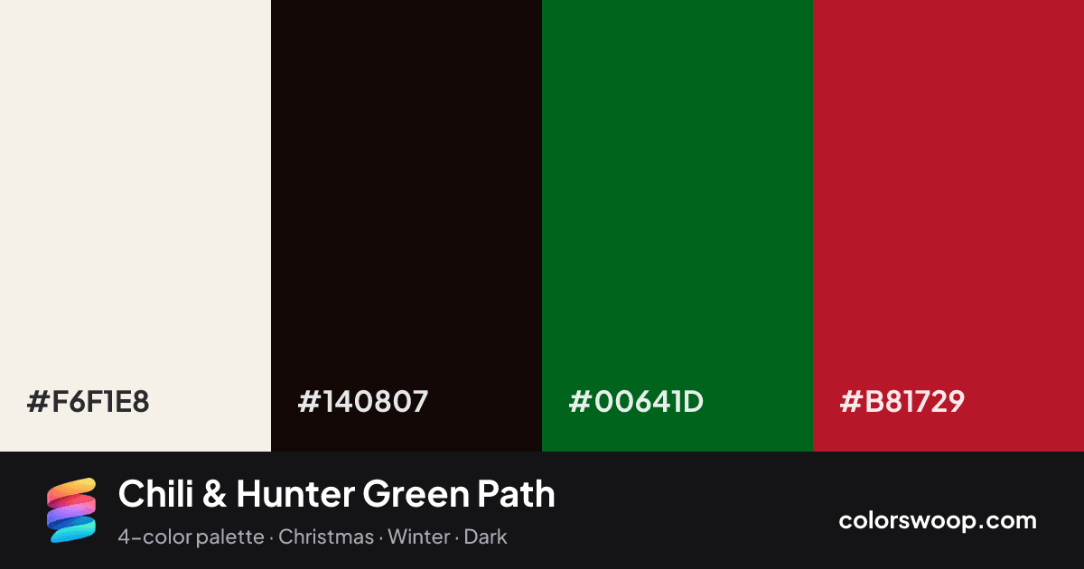 Chili & Hunter Green Path color palette card: Linen #F6F1E8, Obsidian #140807, Hunter Green #00641D, Chili #B81729