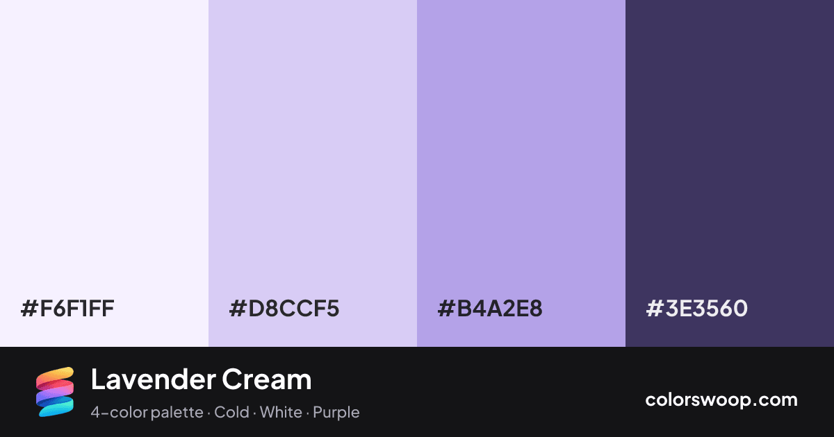 Lavender Cream color palette card: Smoke #F6F1FF, Periwinkle #D8CCF5, Wisteria #B4A2E8, Charcoal #3E3560