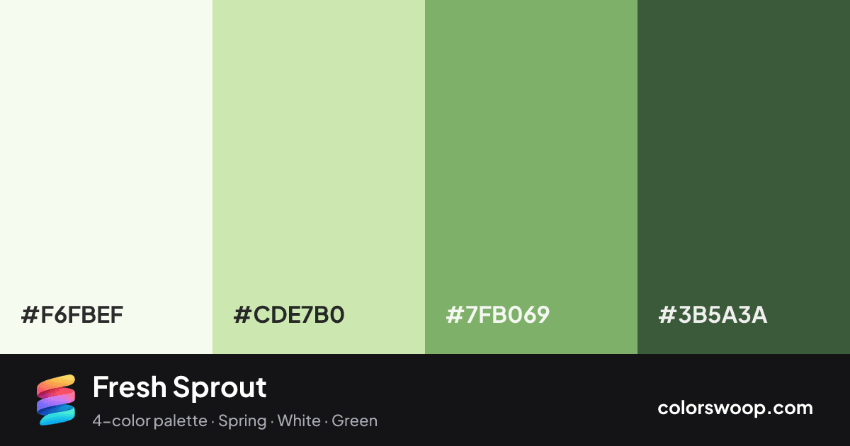 Fresh Sprout color palette card: Ivory #F6FBEF, Celadon #CDE7B0, Moss #7FB069, Hunter Green #3B5A3A