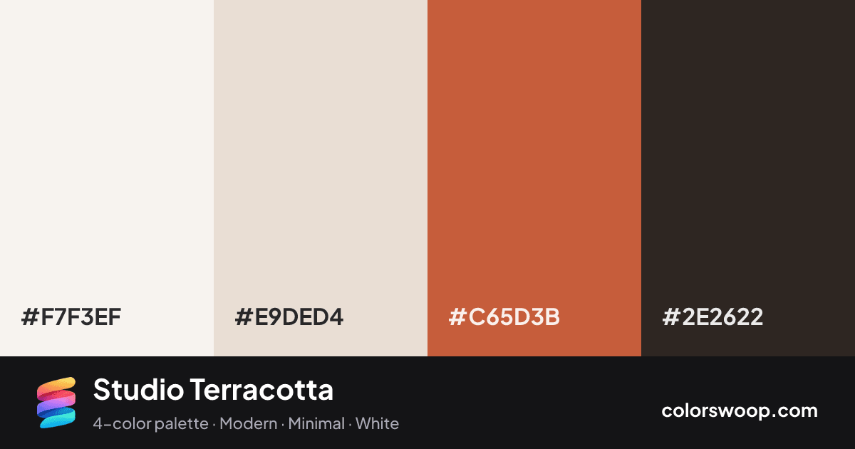 Studio Terracotta color palette card: Smoke #F7F3EF, Almond #E9DED4, Burnt Orange #C65D3B, Raisin #2E2622