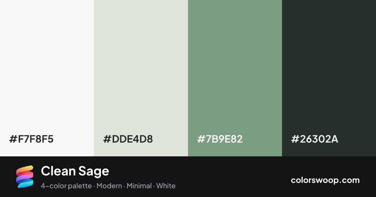 Clean Sage color palette card: Smoke #F7F8F5, Pearl #DDE4D8, Moss #7B9E82, Gunmetal #26302A