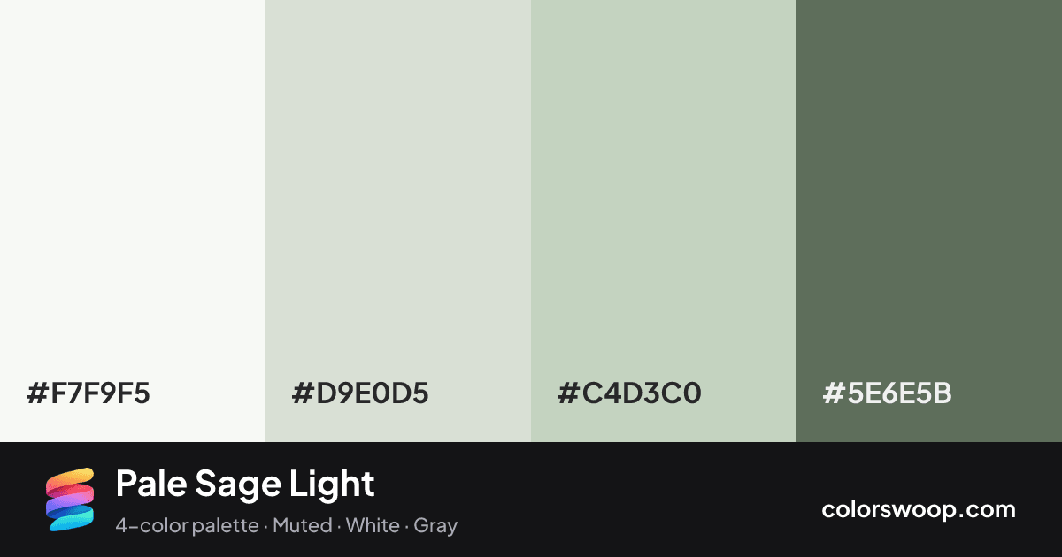 Pale Sage Light color palette card: Smoke #F7F9F5, Bone #D9E0D5, Fog #C4D3C0, Dove Gray #5E6E5B