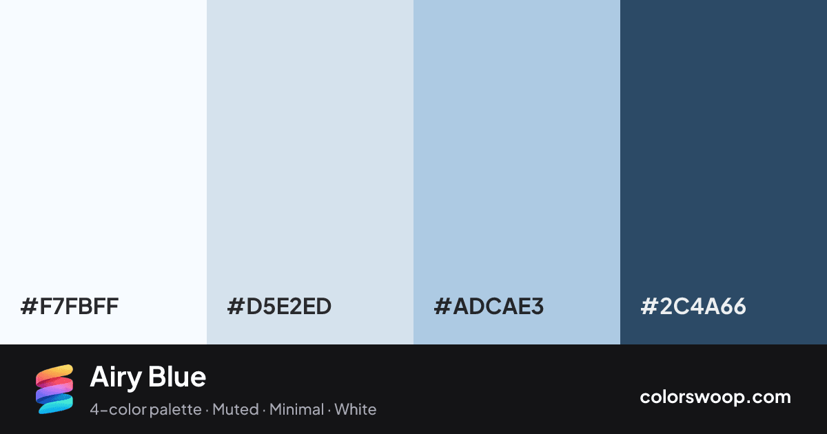 Airy Blue color palette card: Snow #F7FBFF, Glacier #D5E2ED, Lavender Gray #ADCAE3, Charcoal #2C4A66