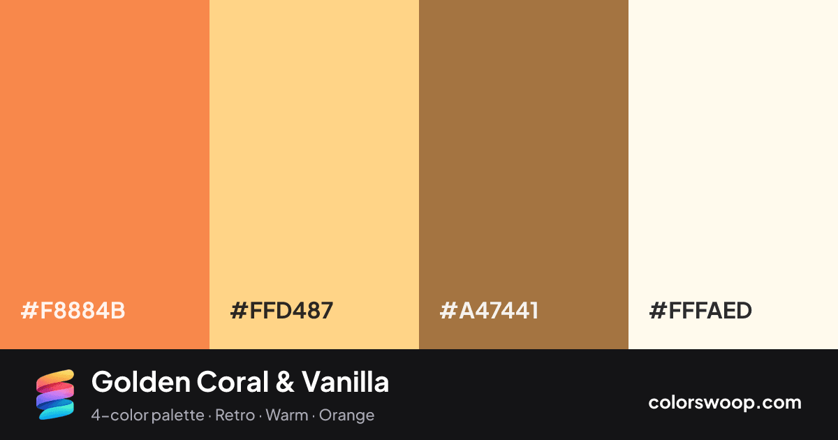 Golden Coral & Vanilla color palette card: Coral #F8884B, Vanilla #FFD487, Copper #A47441, Ivory #FFFAED