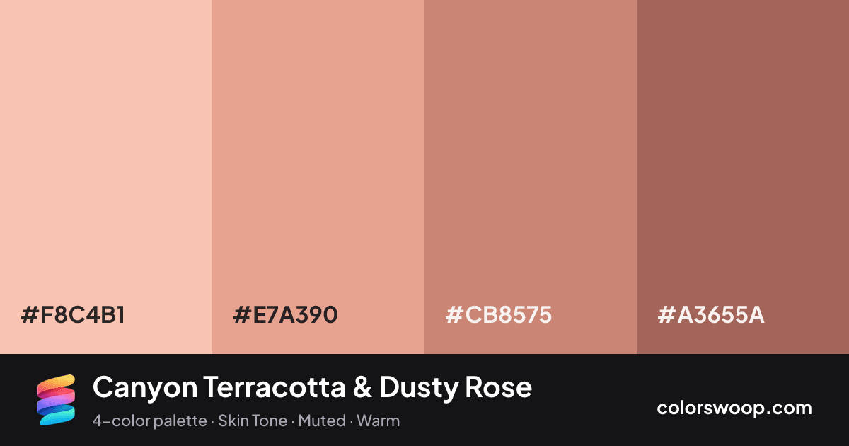 Canyon Terracotta & Dusty Rose color palette card: Melon #F8C4B1, Dusty Rose #E7A390, Terracotta #CB8575, Clay #A3655A