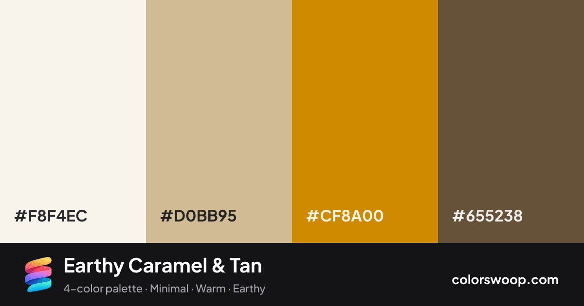 Earthy Caramel & Tan color palette card: Linen #F8F4EC, Tan #D0BB95, Caramel #CF8A00, Coffee #655238