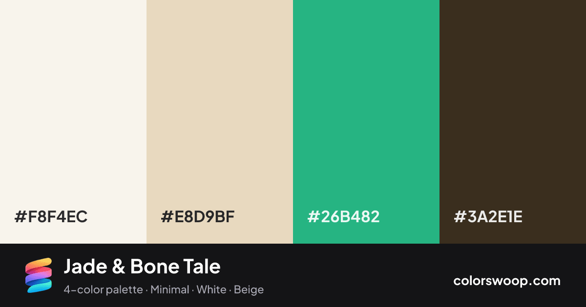Jade & Bone Tale color palette card: Linen #F8F4EC, Bone #E8D9BF, Jade #26B482, Jet #3A2E1E