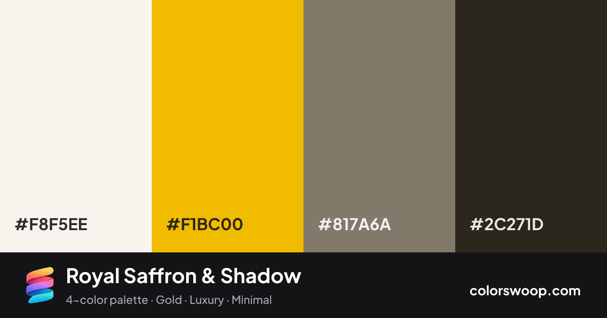 Royal Saffron & Shadow color palette card: Smoke #F8F5EE, Saffron #F1BC00, Shadow #817A6A, Raisin #2C271D