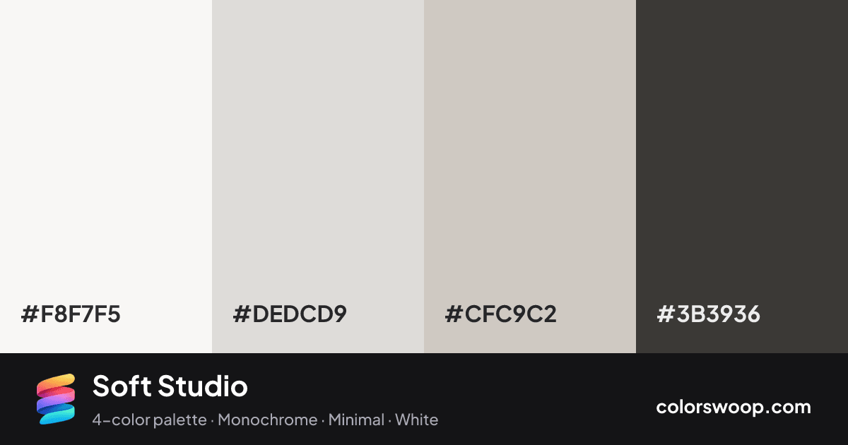 Soft Studio color palette card: Smoke #F8F7F5, Bone #DEDCD9, Fog #CFC9C2, Onyx #3B3936