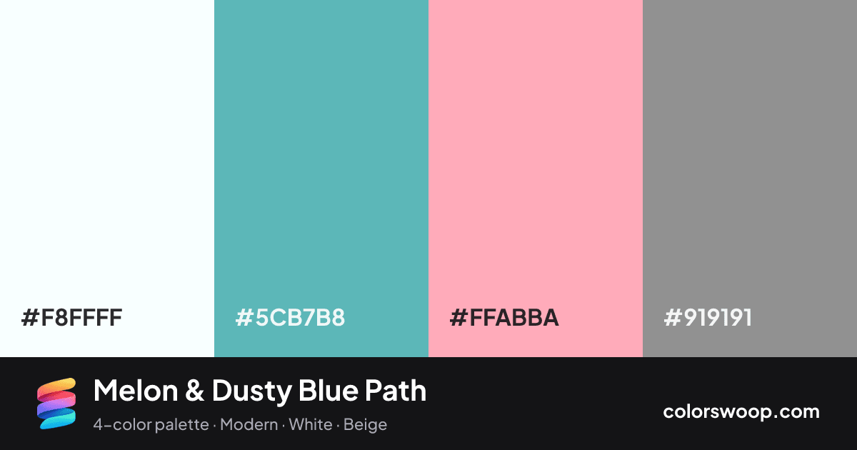 Melon & Dusty Blue Path color palette card: White #F8FFFF, Dusty Blue #5CB7B8, Melon #FFABBA, Stone #919191