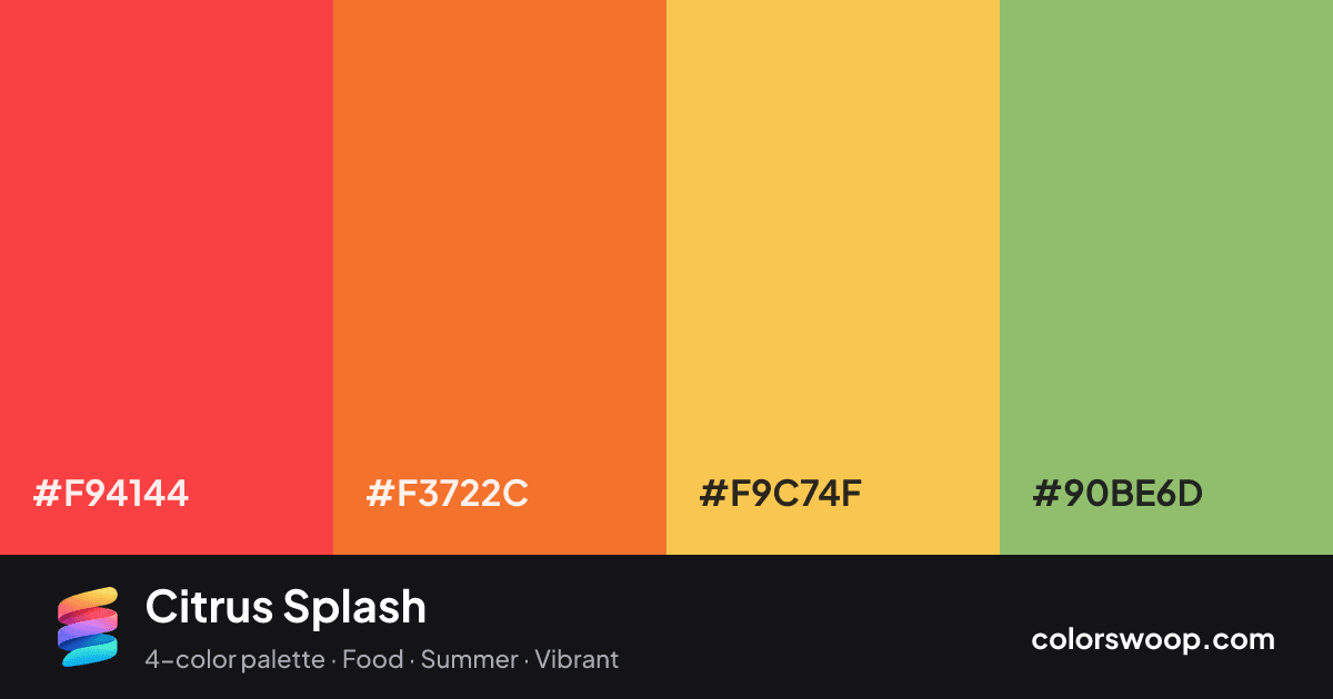 Citrus Splash color palette card: Scarlet #F94144, Mandarin #F3722C, Saffron #F9C74F, Pistachio #90BE6D