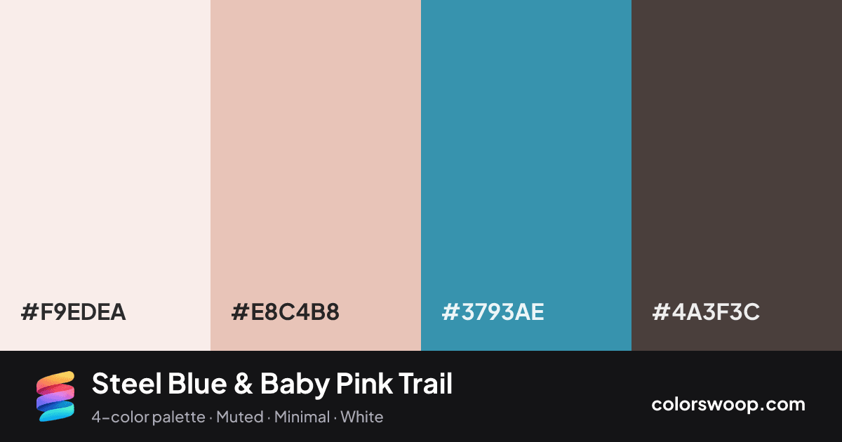 Steel Blue & Baby Pink Trail color palette card: Linen #F9EDEA, Baby Pink #E8C4B8, Steel Blue #3793AE, Taupe #4A3F3C