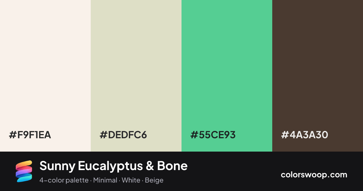 Sunny Eucalyptus & Bone color palette card: Linen #F9F1EA, Bone #DEDFC6, Eucalyptus #55CE93, Taupe #4A3A30