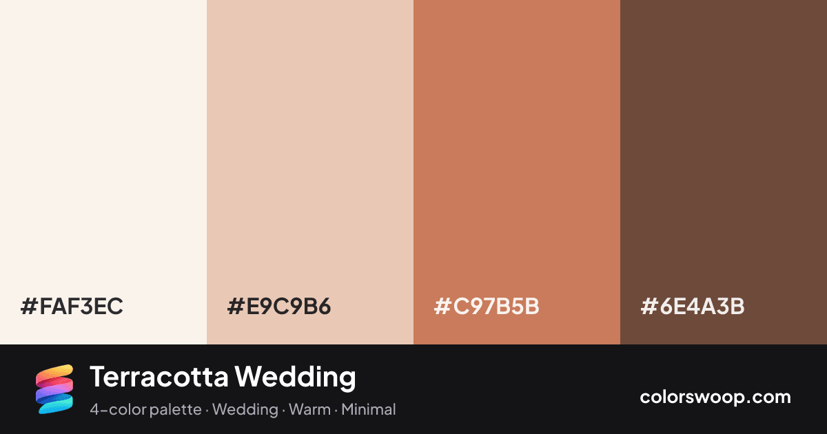 Terracotta Wedding color palette card: Linen #FAF3EC, Oat #E9C9B6, Bronze #C97B5B, Coffee #6E4A3B