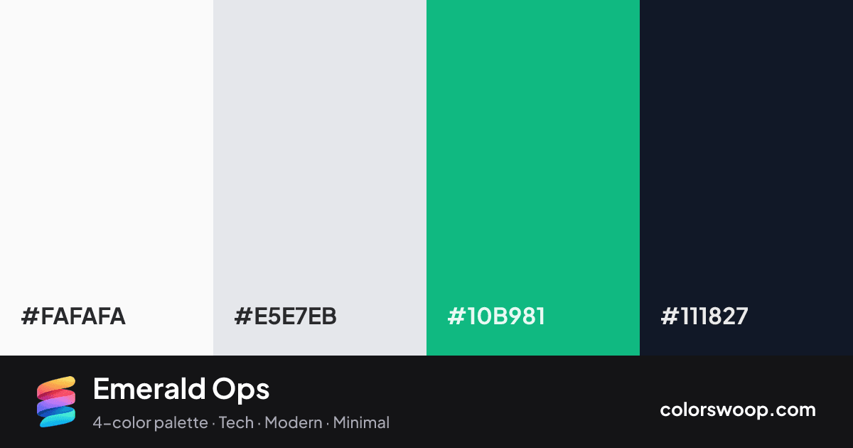 Emerald Ops color palette card: Snow #FAFAFA, Ice #E5E7EB, Jade #10B981, Ink #111827