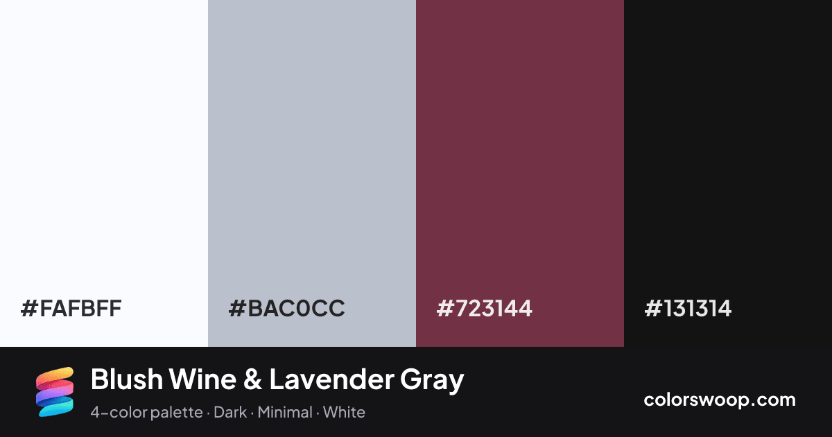Blush Wine & Lavender Gray color palette card: Snow #FAFBFF, Lavender Gray #BAC0CC, Wine #723144, Licorice #131314