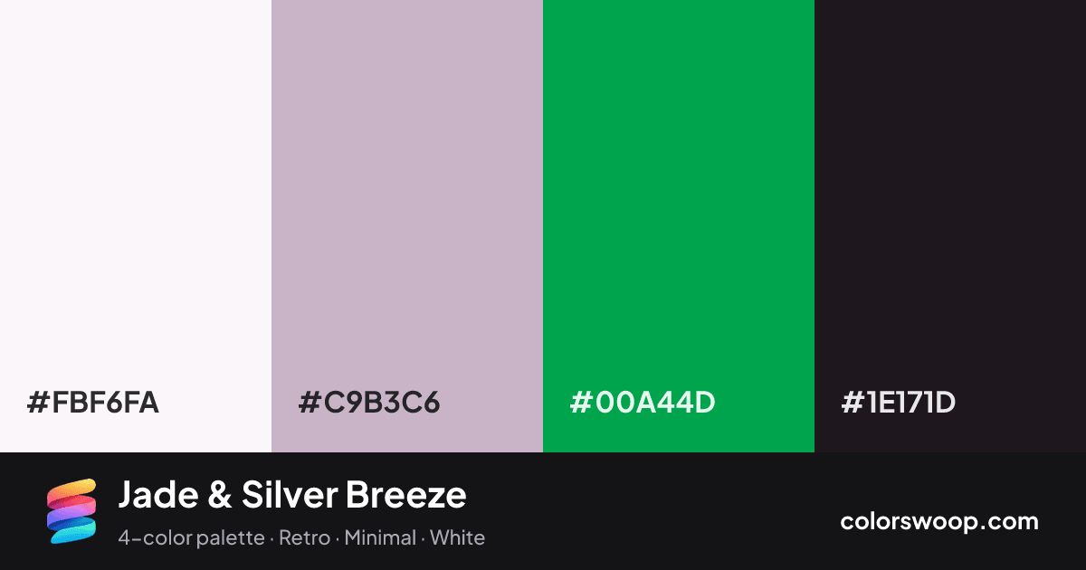 Jade & Silver Breeze color palette card: Smoke #FBF6FA, Silver #C9B3C6, Jade #00A44D, Licorice #1E171D
