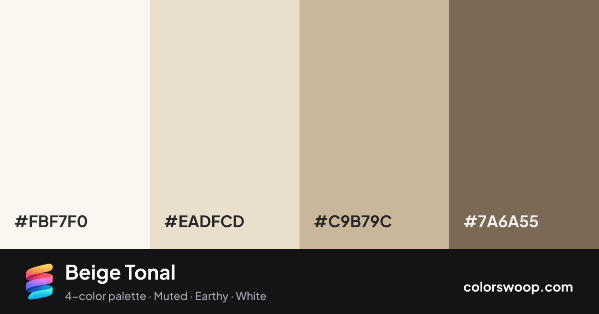 Beige Tonal color palette card: Smoke #FBF7F0, Almond #EADFCD, Tan #C9B79C, Cocoa #7A6A55
