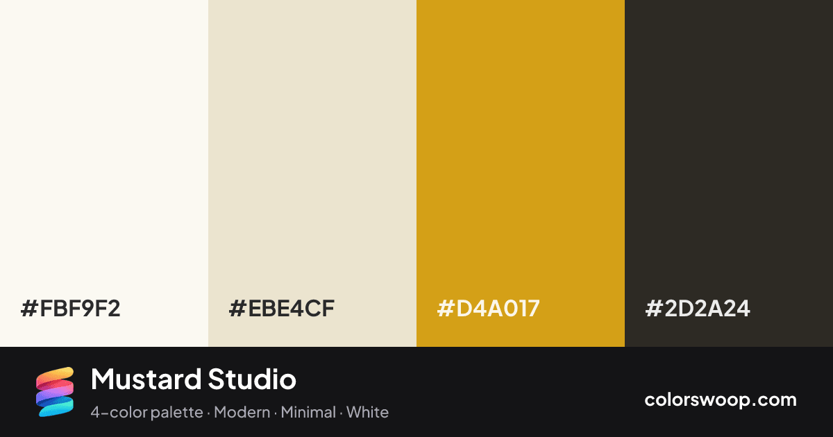 Mustard Studio color palette card: Snow #FBF9F2, Pearl #EBE4CF, Marigold #D4A017, Espresso #2D2A24