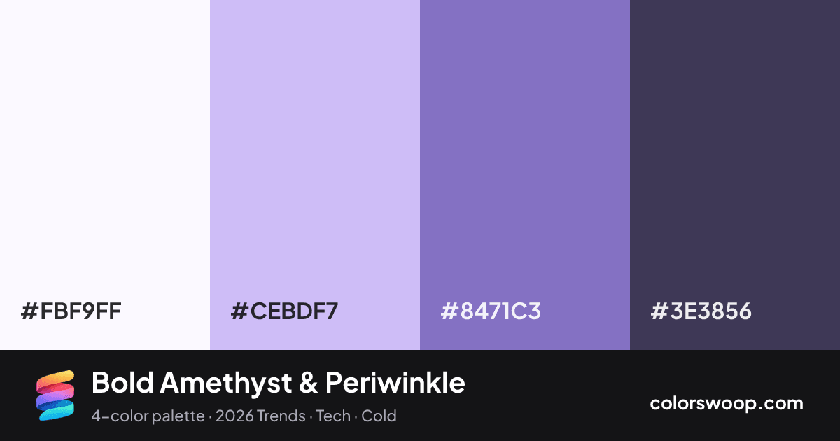 Bold Amethyst & Periwinkle color palette card: Snow #FBF9FF, Periwinkle #CEBDF7, Amethyst #8471C3, Charcoal #3E3856