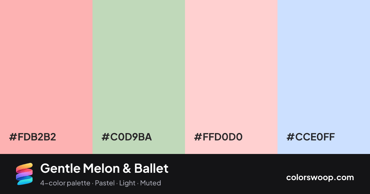 Gentle Melon & Ballet color palette card: Melon #FDB2B2, Celadon #C0D9BA, Ballet #FFD0D0, Glacier #CCE0FF