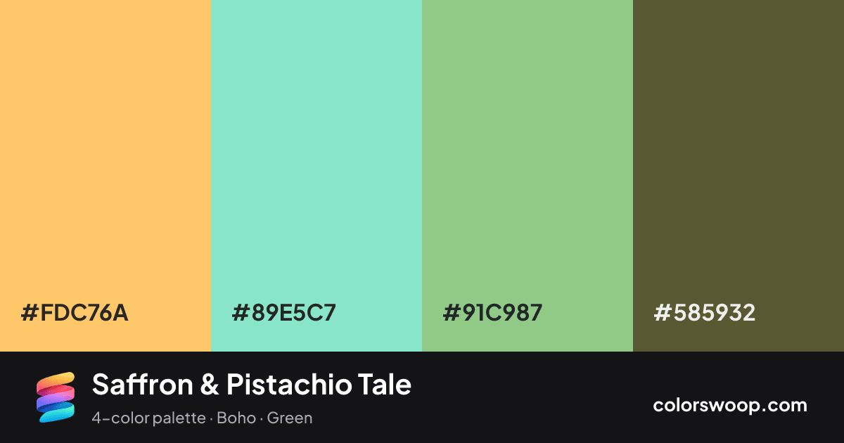 Saffron & Pistachio Tale color palette card: Saffron #FDC76A, Seafoam #89E5C7, Pistachio #91C987, Hunter Green #585932