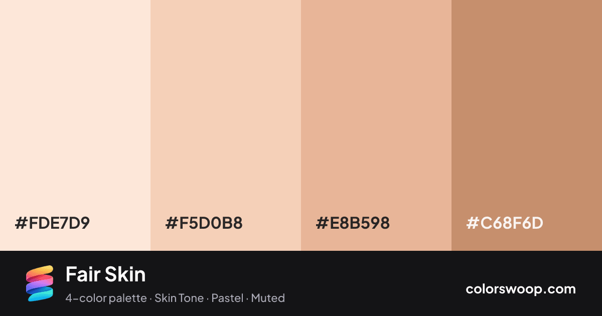 Fair Skin color palette card: Champagne #FDE7D9, Apricot #F5D0B8, Dusty Rose #E8B598, Camel #C68F6D