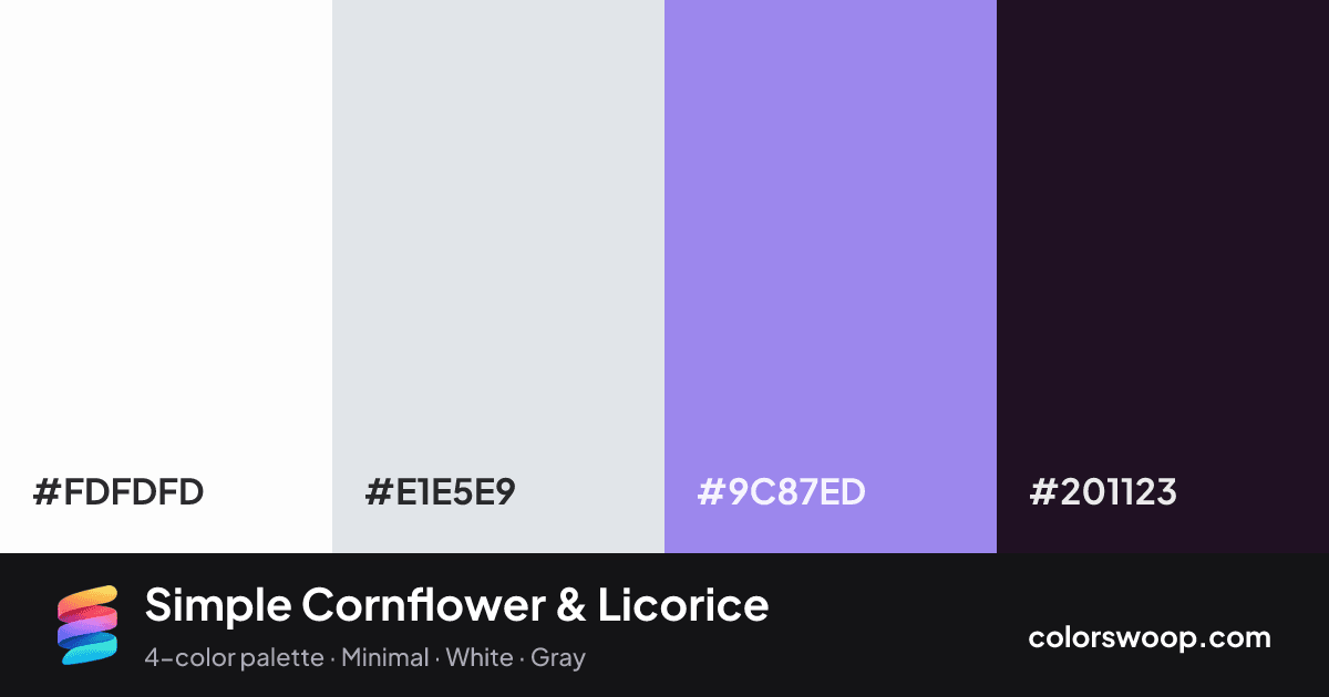 Simple Cornflower & Licorice color palette card: White #FDFDFD, Ice #E1E5E9, Cornflower #9C87ED, Licorice #201123