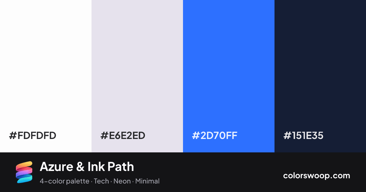 Azure & Ink Path color palette card: White #FDFDFD, Lavender #E6E2ED, Azure #2D70FF, Ink #151E35