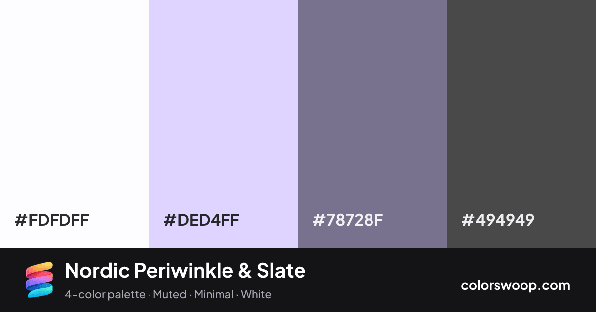 Nordic Periwinkle & Slate color palette card: White #FDFDFF, Periwinkle #DED4FF, Slate #78728F, Graphite #494949