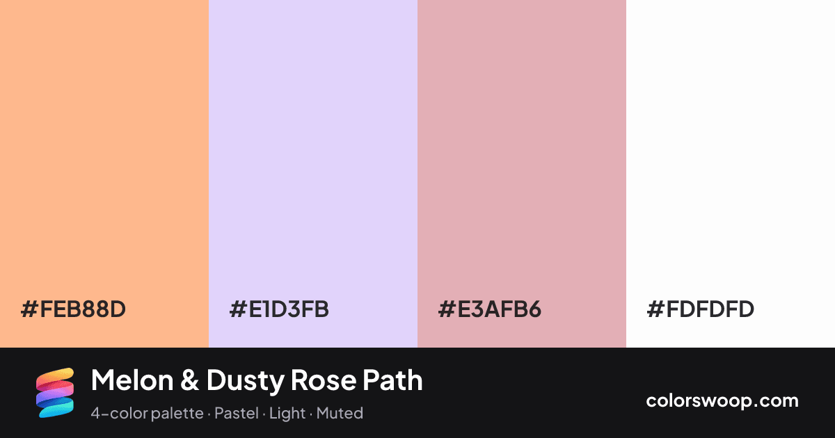 Melon & Dusty Rose Path color palette card: Melon #FEB88D, Periwinkle #E1D3FB, Dusty Rose #E3AFB6, White #FDFDFD