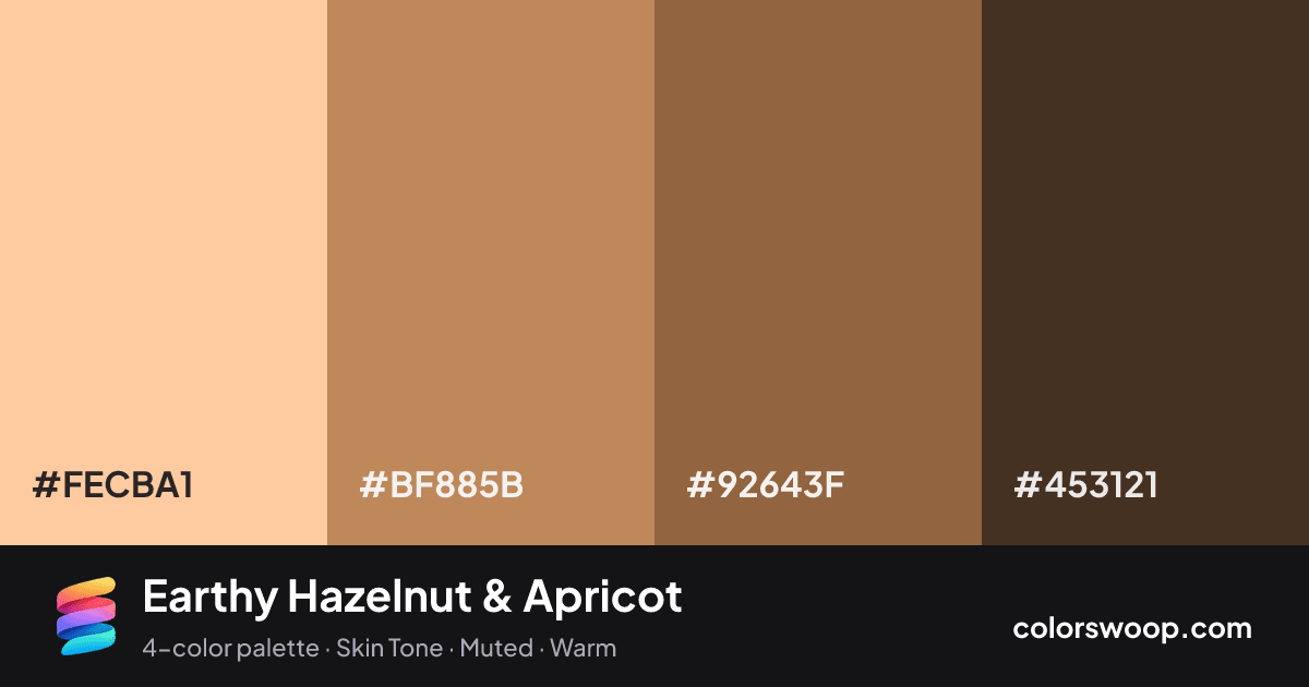 Earthy Hazelnut & Apricot color palette card: Apricot #FECBA1, Hazelnut #BF885B, Cocoa #92643F, Taupe #453121