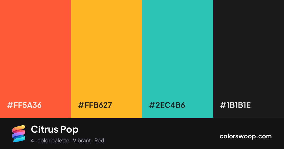 Citrus Pop color palette card: Tomato #FF5A36, Amber #FFB627, Eucalyptus #2EC4B6, Raisin #1B1B1E