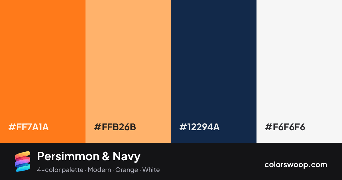 Persimmon & Navy color palette card: Pumpkin #FF7A1A, Cantaloupe #FFB26B, Space #12294A, Smoke #F6F6F6