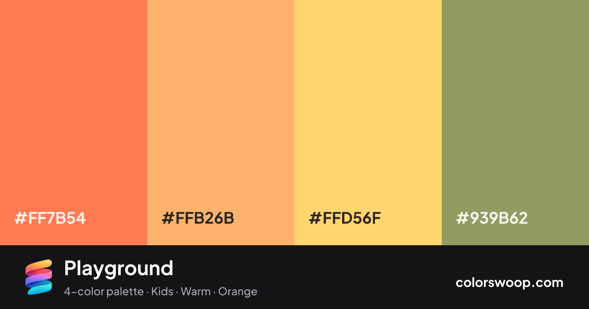 Playground color palette card: Coral #FF7B54, Cantaloupe #FFB26B, Gold #FFD56F, Moss #939B62