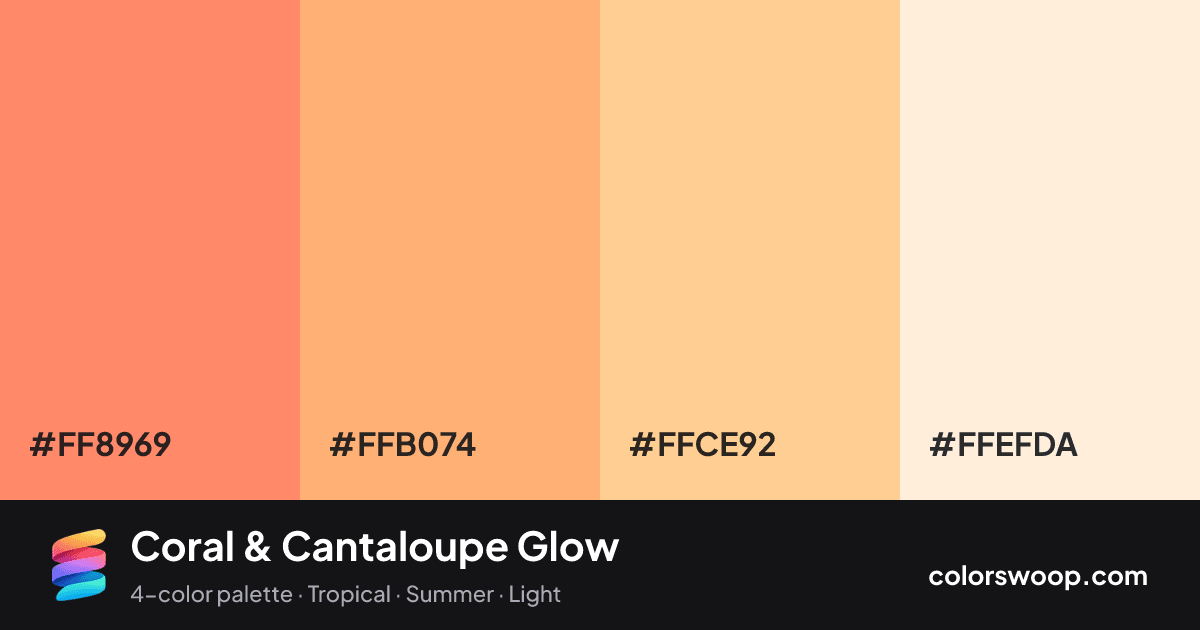 Coral & Cantaloupe Glow color palette card: Coral #FF8969, Cantaloupe #FFB074, Apricot #FFCE92, Papaya #FFEFDA