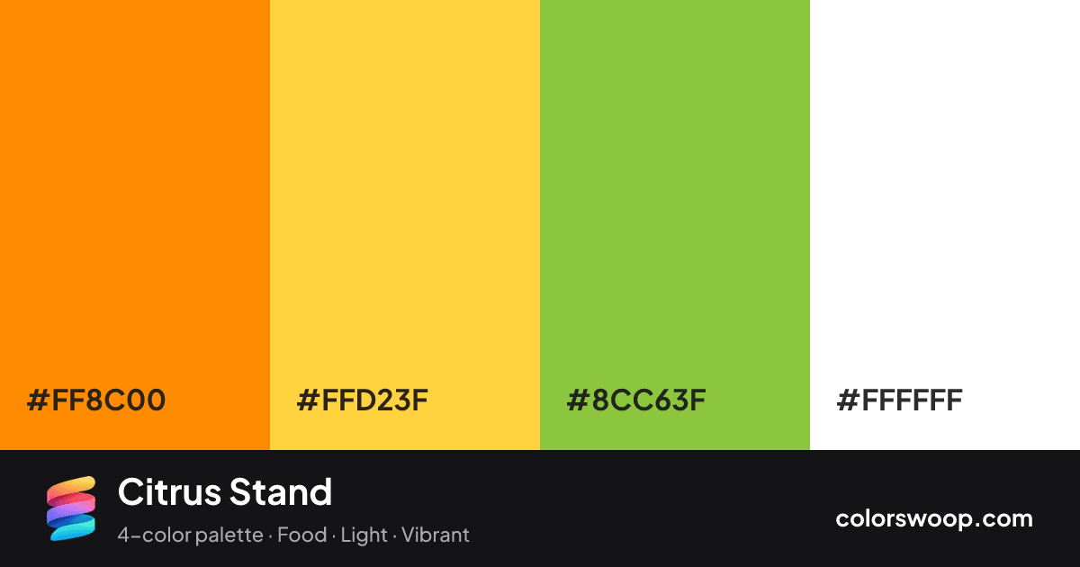 Citrus Stand color palette card: Tangerine #FF8C00, Gold #FFD23F, Pistachio #8CC63F, White #FFFFFF