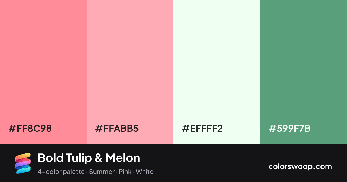 Bold Tulip & Melon color palette card: Tulip #FF8C98, Melon #FFABB5, Ivory #EFFFF2, Cadet #599F7B