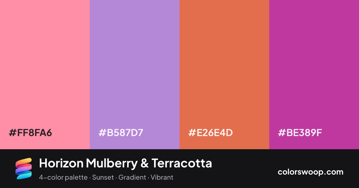Horizon Mulberry & Terracotta color palette card: Flamingo #FF8FA6, Wisteria #B587D7, Terracotta #E26E4D, Mulberry #BE389F