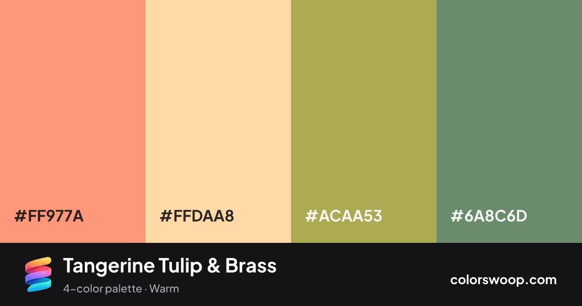 Tangerine Tulip & Brass color palette card: Tulip #FF977A, Wheat #FFDAA8, Brass #ACAA53, Gray #6A8C6D
