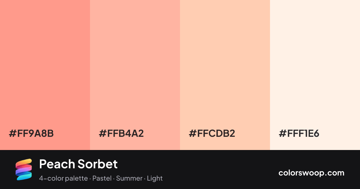Peach Sorbet color palette card: Tulip #FF9A8B, Melon #FFB4A2, Apricot #FFCDB2, Linen #FFF1E6