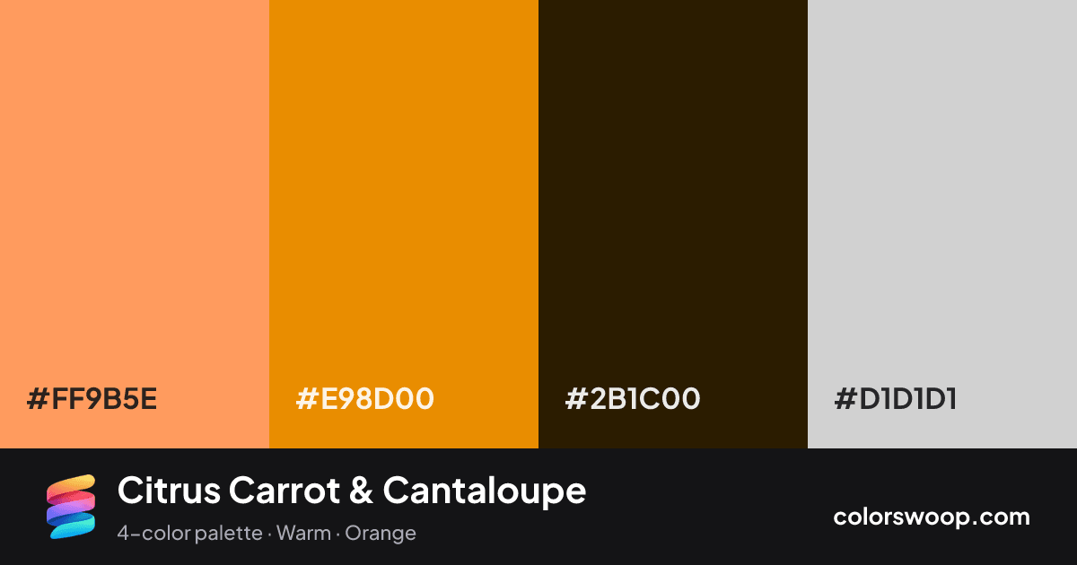 Citrus Carrot & Cantaloupe color palette card: Cantaloupe #FF9B5E, Carrot #E98D00, Espresso #2B1C00, Fog #D1D1D1