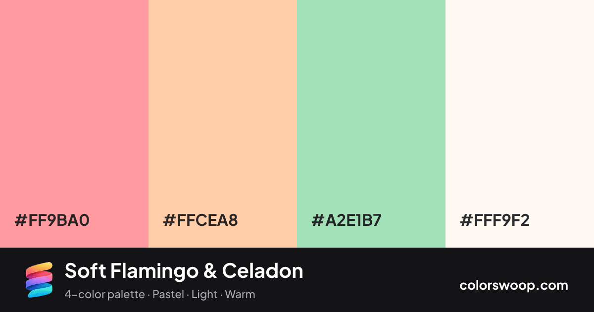 Soft Flamingo & Celadon color palette card: Flamingo #FF9BA0, Apricot #FFCEA8, Celadon #A2E1B7, Snow #FFF9F2