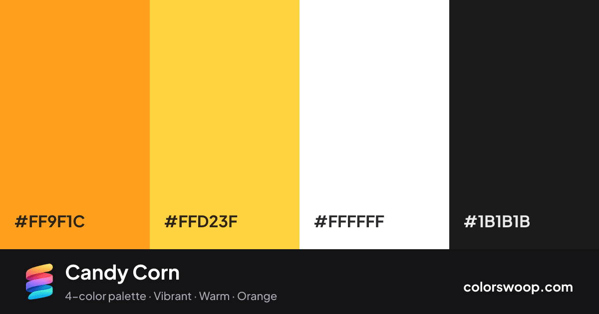 Candy Corn color palette card: Cantaloupe #FF9F1C, Gold #FFD23F, White #FFFFFF, Raisin #1B1B1B