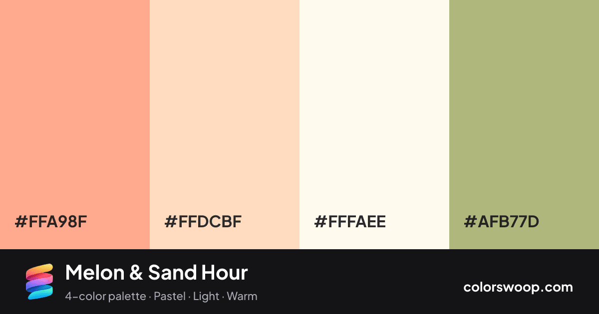Melon & Sand Hour color palette card: Melon #FFA98F, Peach Puff #FFDCBF, Ivory #FFFAEE, Sand #AFB77D