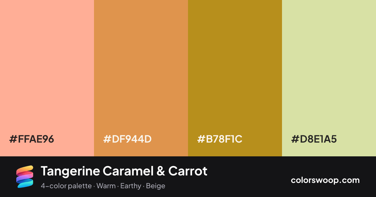 Tangerine Caramel & Carrot color palette card: Melon #FFAE96, Carrot #DF944D, Caramel #B78F1C, Vanilla #D8E1A5