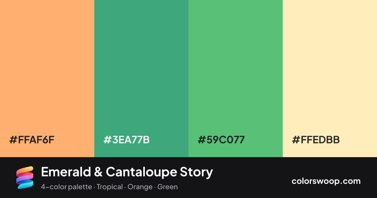 Emerald & Cantaloupe Story color palette card: Cantaloupe #FFAF6F, Jade #3EA77B, Emerald #59C077, Peach #FFEDBB